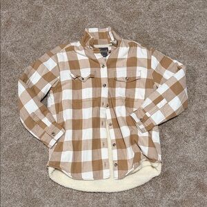 Natural Reflections Brown and Cream Plaid Flannel Sherpa Long Sleeve